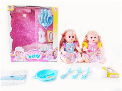 14寸铁眼喝水撒尿娃娃带英文IC，尿布，奶瓶，餐纸盒，餐盘套装 - OBL10003967