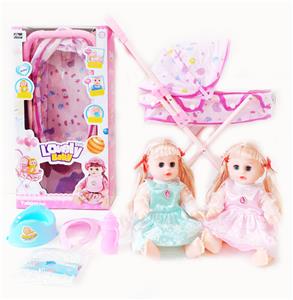 14寸铁眼喝水撒尿娃娃带英文IC，铁推车，奶瓶，尿布，塑料脖围和塑料便盆 - OBL10003992