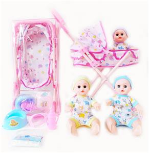 14寸铁眼喝水撒尿娃娃带英文IC，铁推车，奶瓶，尿布，塑料脖围和塑料便盆 - OBL10004086