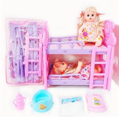 14寸铁眼喝水撒尿娃娃带英文IC，双层塑料床，奶瓶，尿布，塑料脖围，塑料便盆和2只娃娃 - OBL10004138