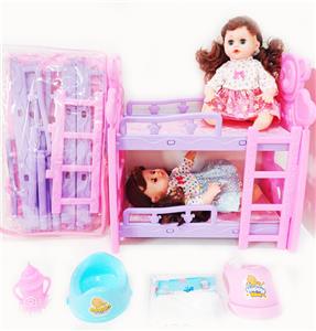 14寸铁眼喝水撒尿娃娃带英文IC，双层塑料床，奶瓶，尿布，塑料脖围，塑料便盆和2只娃娃 - OBL10004142