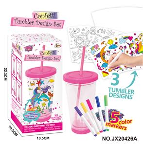 DIY涂鸦粉色双层吸管杯-独角兽/美人鱼系列（500ML,可拆换，3张插片，5色笔，1包亮片） - OBL10168715