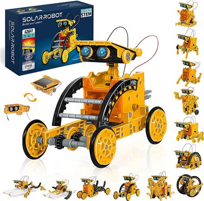 STEM DIY 12合1太阳能机器人电池版黄色-太阳能机器人套件 12 合 1 科学 STEM 机器人套件搭建玩具适合 8-12 岁及以上儿童,DIY 科学实验机器人玩具男孩礼品,太阳供电 - OBL10204107