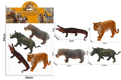 鳄鱼老虎河马犀牛空心模型野生动物系列4款1卡头袋装 - OBL10214707