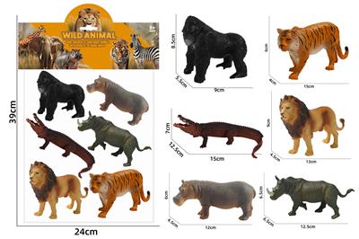 大猩猩老虎鳄鱼狮子河马犀牛空心模型野生动物系列6款1卡头袋装 - OBL10214715