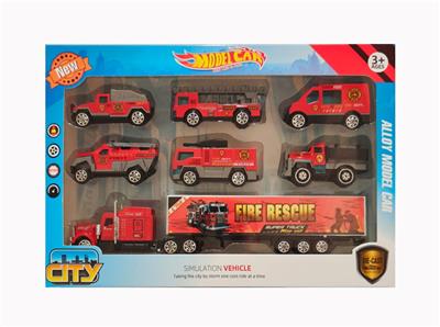 合金消防车配拖头货柜消防车7只装 车子多款混装 - OBL10238046