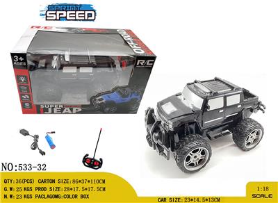 1：18 
吉普 越野 敞篷四通遥控车 黑武士皮卡
带车头灯 四通遥控器
包电（车底3.7V锂电池+USB数据线全包 遥控器2AA-不包） - OBL10245094