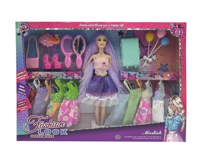 新款2025年11.5寸实身时尚短裙长发芭比带手提包鞋子梳子镜子旅行箱气球8款吊裙 - OBL10334996