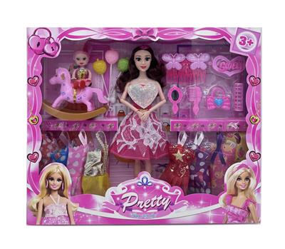 新款2025年11.5寸9关节实身时尚爱心短裙公主芭比带小马3.5寸小女孩气球梳子镜子头饰包包8套吊裙 - OBL10335024