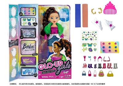 GLO-UP  GIRLS 10寸12关节实身惊喜时尚娃娃带一条染色膏和5样惊喜配件功能描述[头发可以染色。面部。手指都可以用彩色贴纸贴上不同图案】 - OBL10346605