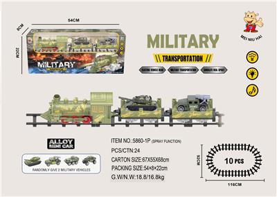 电动军事轨道蒸汽火车
(军事火车头+2节拖板：
随机配2只合金迷彩车）
 有灯光，有声音，不包电
用4粒5号电池 - OBL10365917