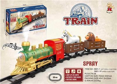 电动轨道火车 有喷雾
(古典火车头+2节车厢：配马+狮子）
 有灯光，有声音，不包电
用4粒5号电池 - OBL10365920