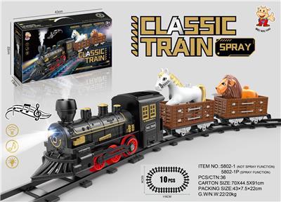 电动轨道火车 有喷雾
(仿真火车头+2节车厢：配马+狮子）
 有灯光，有声音，不包电
用4粒5号电池 - OBL10365921