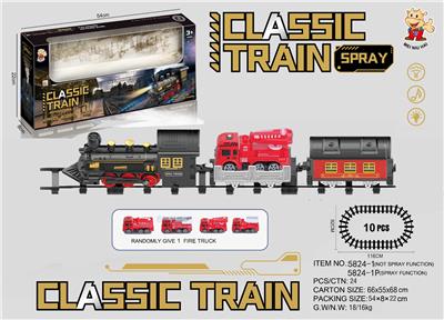 电动轨道火车 有喷雾
(仿真火车头+1个客厢+1节拖板：随机配1只消防车 ）
 有灯光，有声音，不包电
用4粒5号电池 - OBL10365931