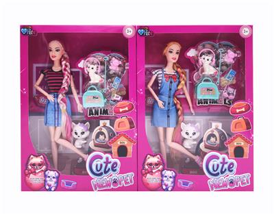 11.5寸十一关节实身《宠物系列》长辫时尚芭比 带宠物猫+吸塑 2款混 - OBL10381271