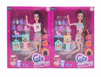 11.5寸十一关节实身《宠物系列》金丝长辫时尚芭比 带狗吸塑 2款混 - OBL10381273