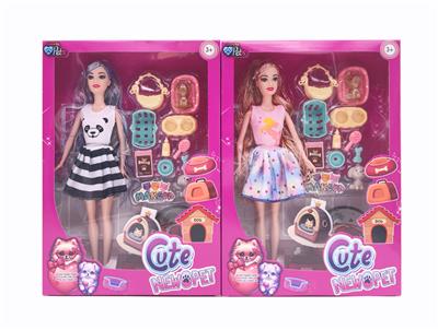 11.5寸关节实身《宠物系列》金丝长发时尚芭比 带狗吸塑 2款混 - OBL10381274