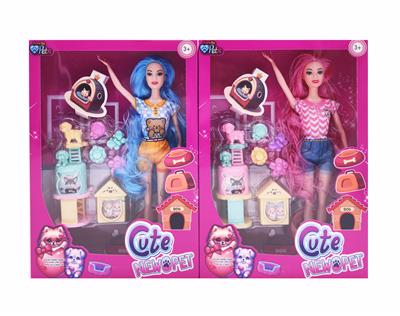 11.5寸关节实身《宠物系列》长发时尚芭比 带狗吸塑 2款混 - OBL10381275