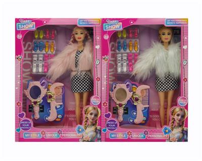 11寸实身9关节毛大衣芭比+镜梳+鞋子配件 2款混装 - OBL10381378