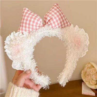 白腮格子蝴蝶结毛绒发箍 - OBL10387329