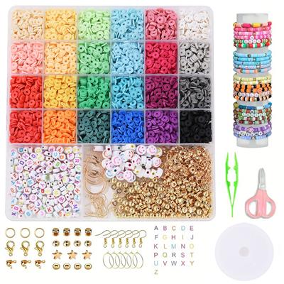 软陶+6mm金珠+字母珠+隔珠+耳钩耳圈+剪刀镊子+龙虾扣包扣圈线26格 - OBL10400883