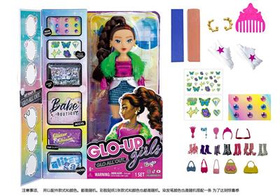 GLO-UP  GIRLS 10寸12关节实身惊喜时尚娃娃带一条染色膏和5样惊喜配件功能描述[头发可以染色。面部。手指都可以用彩色贴纸贴上不同图案】 - OBL10420295