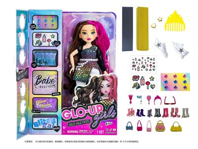 GLO-UP  GIRLS 10寸12关节实身惊喜时尚娃娃带一条染色膏和5样惊喜配件功能描述[头发可以染色。面部。手指都可以用彩色贴纸贴上不同图案】 - OBL10420298