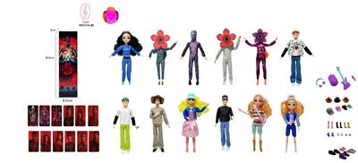 高端真眼珠11.5寸11关节实身带七彩灯光音乐主题曲怪奇物语第5季Stranger  Thing真人版芭比带金貂卡片一张带怪奇物语主题套件12款混装 - OBL10420315