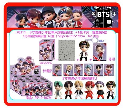 3寸防弹少年团单只（有钥匙扣）+1张卡片 盲盒装6款 12只盲盒装展示盒 卡片和6款公仔随机 - OBL10429356