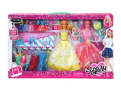 高档大盒11.5寸实身活手婚纱裙子芭比双人装带吊衣和3寸孩子配件 - OBL10431362