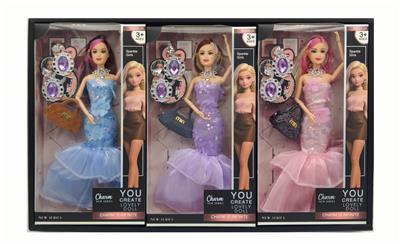 1寸实身9关节时尚礼服芭比+耳环+包包 3色混装 - OBL10432136