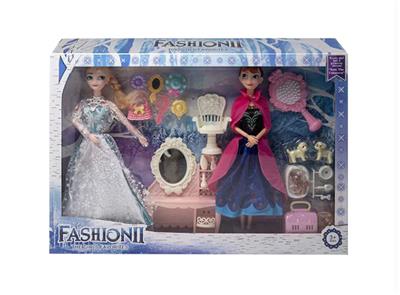 高档,11.5寸9关节实身冰雪公主2只带梳妆台套装梳子狗狗吸塑配件 - OBL10433169