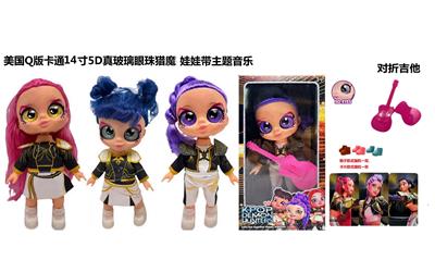 1比1美国Q版卡通5D真眼珠14寸全搪胶猎魔娃娃带音乐主题曲带金貂卡片一张带对折吉他一条 - OBL10458361