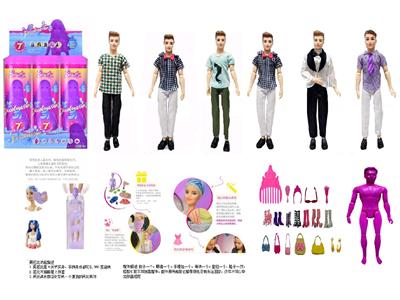 11.5寸11关节实身水溶男人变色芭比。带6样不同的惊喜配件，娃娃360度旋转，6款随机混装6PCS - OBL10485142