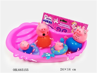 A family of four plastic pepe pig take a bath and life buoy and skateboard - OBL665155