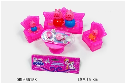 A family of four plastic pepe pigs with a set of sofa and a set of tableware - OBL665158
