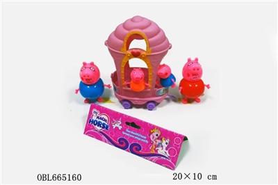 A family of four plastic pepe pig with a castle cart - OBL665160