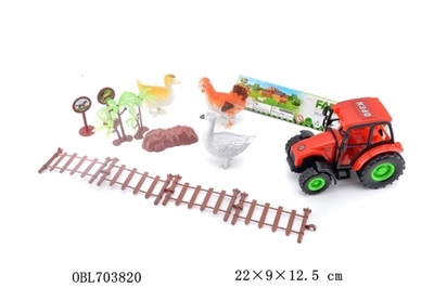 Small inertia farmer car. 2. 2 of the sign. Fence. Stone. Chickens, ducks and geese - OBL703820