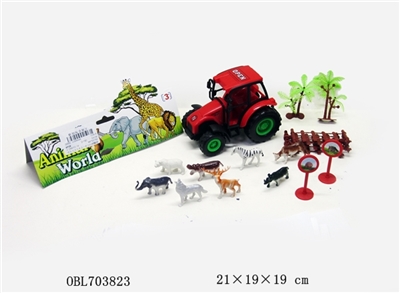 Inertia farmer car with two small. 2 of the sign. Fence. 8 animals - OBL703823