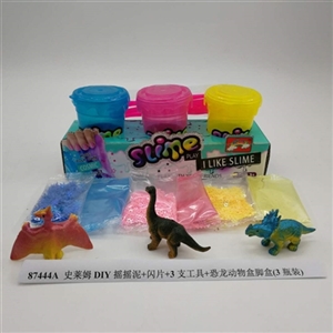 史莱姆DIY摇摇泥+闪片+3支工具+恐龙动物盒脚盒(3瓶装) - OBL750698
