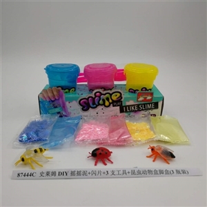 史莱姆DIY摇摇泥+闪片+3支工具+昆虫动物盒脚盒(3瓶装) - OBL750700