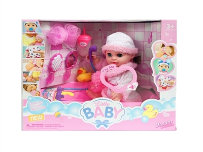 14 inch doll paddle doll with bath, bath ball, bottle, ducks, comb, mirror, with IC - OBL772016