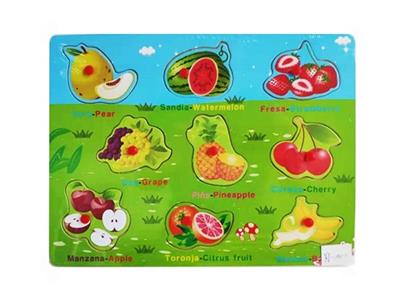Hand grasping the wooden fruit puzzles - OBL806434