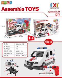 滑行救护车电动拼装带灯光声音3粒AG13（包电）电动钻2粒AA无包 - OBL807476