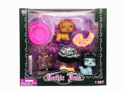 高档3只搪胶头塑料身狗宠带狗衣服带食盆 - OBL809697