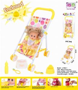 Baby iron handcart and 12 doll (baby drink water to pee, with bottle, toilet, diaper, mirror and comb) - OBL813480