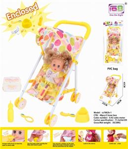 Baby iron handcart and 12 doll (baby drink water to pee, with bottle, toilet, diaper, mirror and comb) - OBL813482