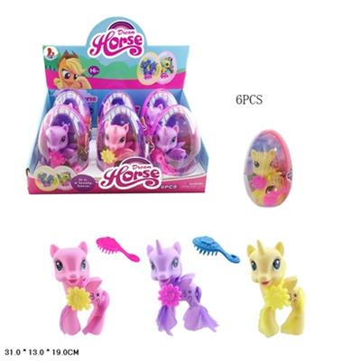 高挡PVC塑料橄榄大蛋搪胶独角马宝丽带马披风带马梳子三款三色混装 6PCS - OBL814477