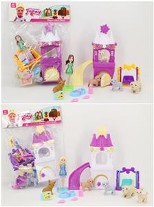 8.4CM迷你实身芭比套装/城堡滑梯+5只小狗（2款混装） - OBL816311