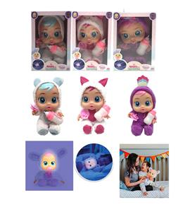 The 6th generation 14 inch squeaky crying doll with night light function with plush warm-up with four music with tears function, with water-absorbing bottle, with nipple 4 functions 3 night light crying doll mix - OBL915519
